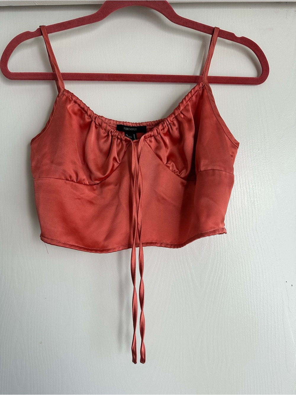 Forever 21 Coral Tie-Front Satin Crop Cami